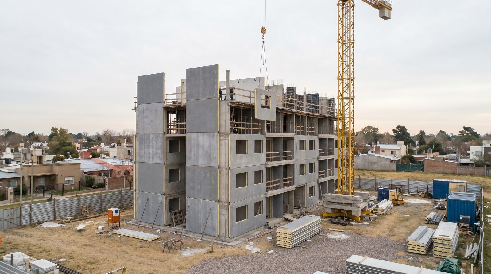 Edificio en altura en montaje con grúa con Inbuild System
